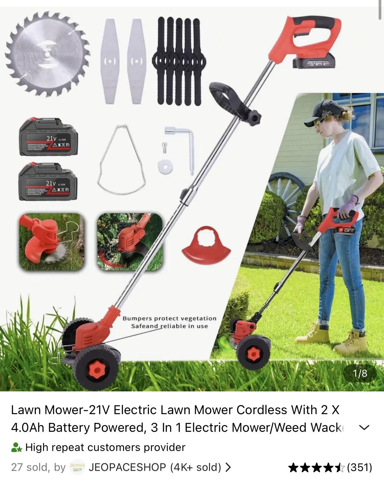 Lawn Mower-21V Electric Lawn Mower Cordless With 2 X 4.0Ah Battery Powered, 3 In 1 Electric Mower/Weed Wacker/Cordless Mower With 3 Types Blade For La