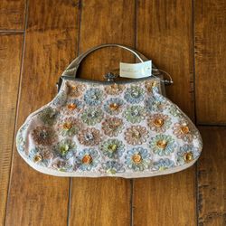 Vintage style beaded Clutch Purse in pink wrinkle satin.