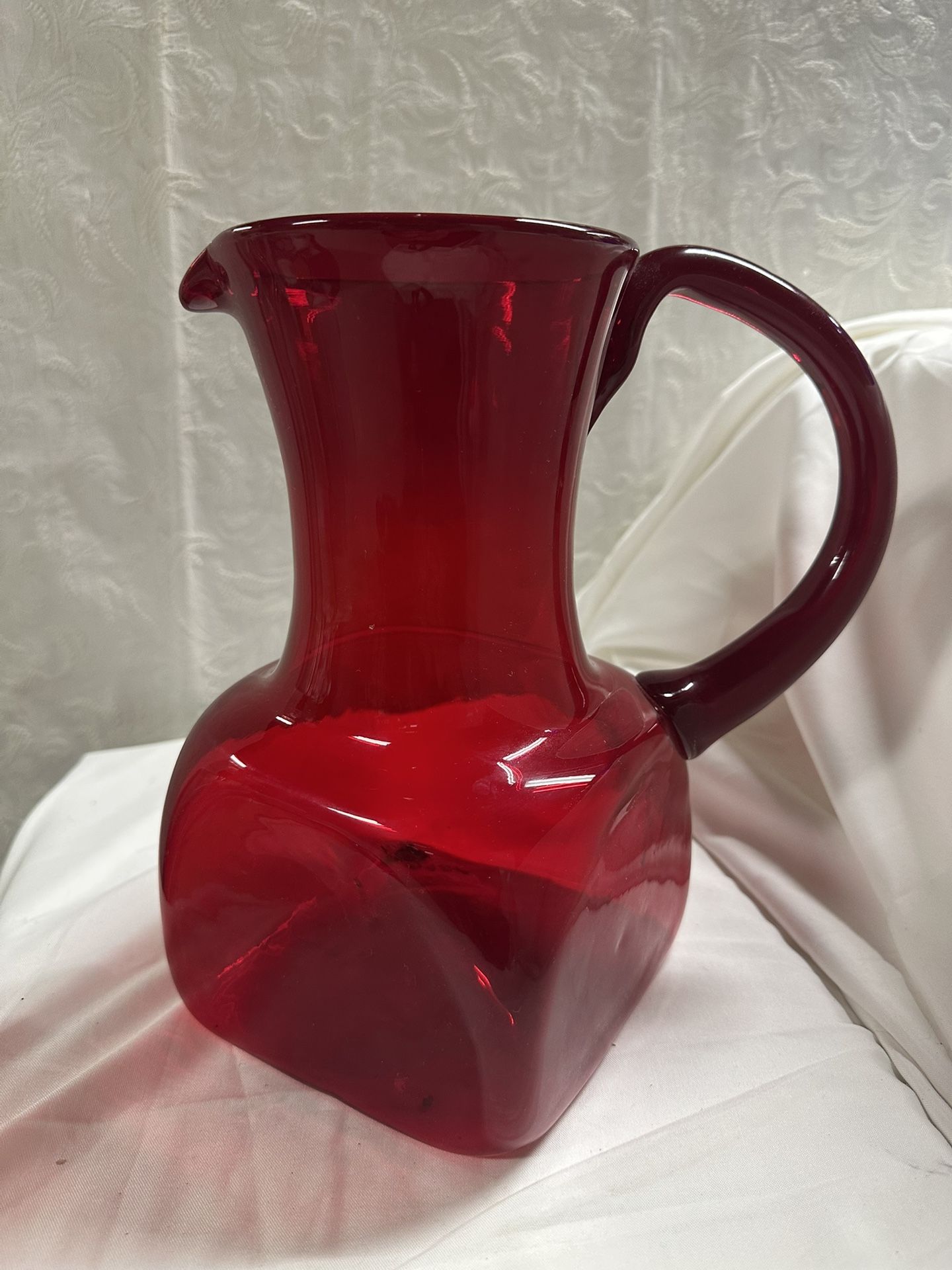 Vintage Ruby Red Glass Pitcher Hand Blown Applied Handle