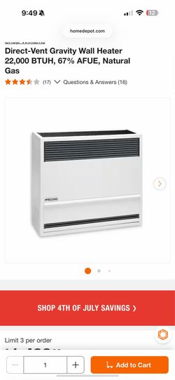 Williams Direct-Vent Gravity Wall Heater 22,000 BTUH, 67% AFUE, Natural Gas