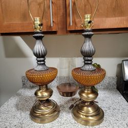 Vintage 1960s MCM Amber Brass Hobnail Globe Lamps Pair