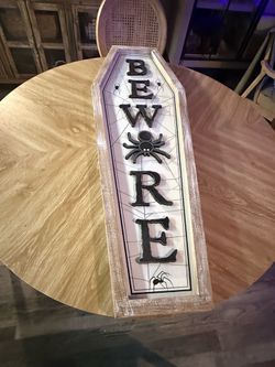 Large Halloween “BEWARE” Coffin Sign – Patina Wood Finish