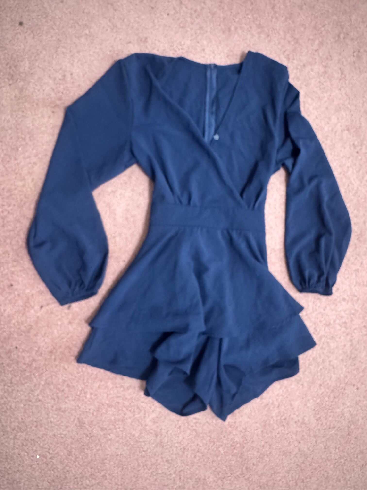New small navy blue long poof sleeve dress romper bow boho short ruffle tie