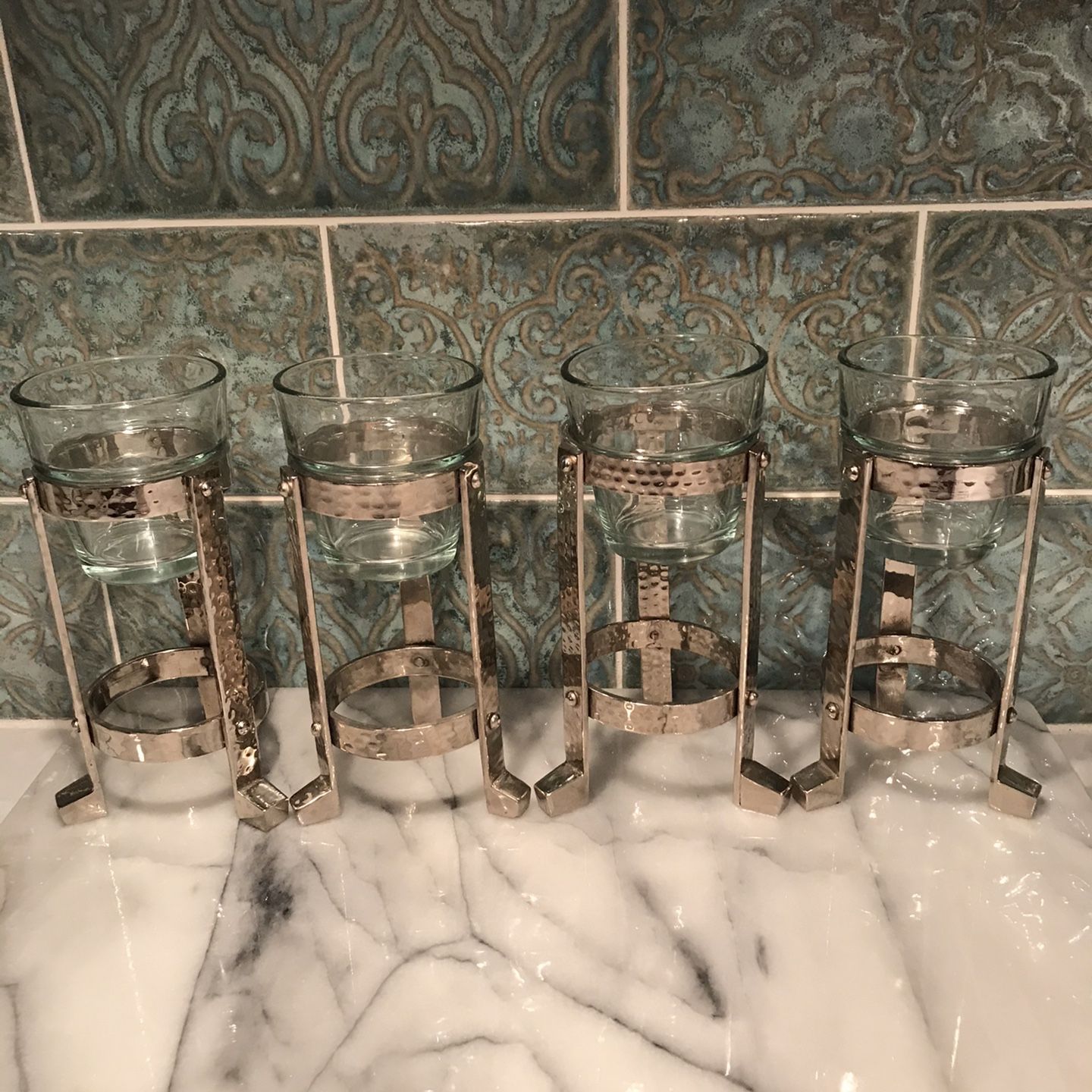 4 Clear Glass Tea Candle Holder with Hammered Silver Pillars