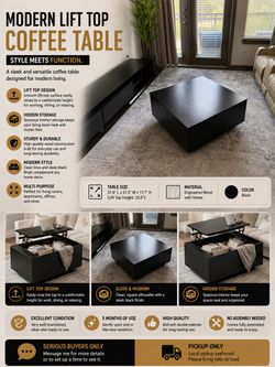 Modern Lift Top Coffee Table with Hidden Storage – Like New