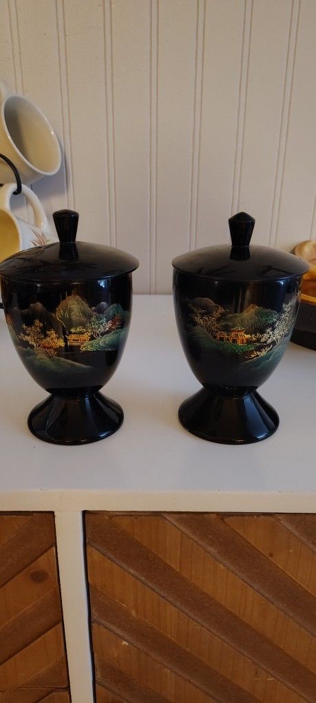 Vintage Hand Painted Lacquer Cups with Lids .
