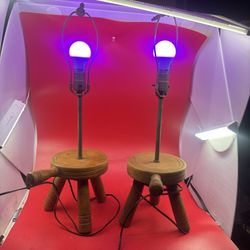 Lot of 2 Vintage 26” Lamps Wood Milking Stools Base Table Lamps