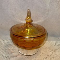 Antique depression glass marigold in color carnival glass pedestal candy dish, jewelry, trinkets etc..