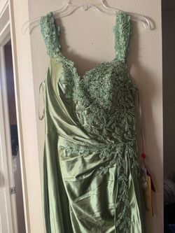 Green Satin Beaded Formal Gown