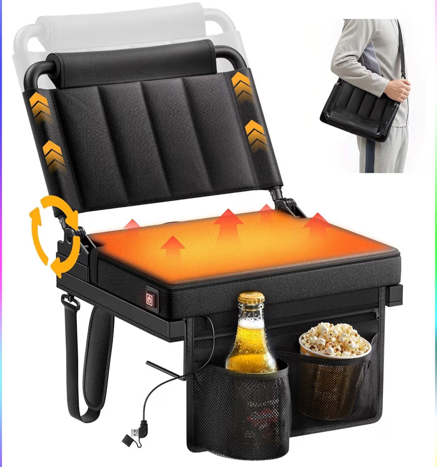 Heated Stadium Seats with Back Support for Bleacher, Portable 5-Angle and Adjustable Height Thick Cushion Seat with Cup Holder Storage Bag, Includes S