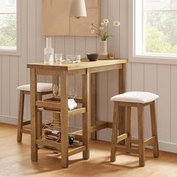 mopio Kelly Solid Wood Counter Table Set with 2 Boucle Stools, 3-Piece Small Dining Kitchen Island Table Set for 2, with Storage Shelves, for Living R
