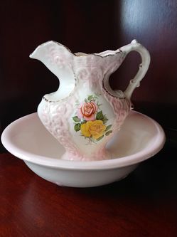 Large Antique Wash Bowl & Pitcher set Transferware Rose.