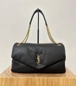 Pre Owned YSL Puffer Medium Shoulder Bag in Black Grained Leather with Gold Chain Strap