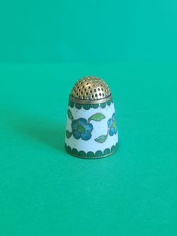 Vintage Enamel Brass Thimble Green Flowers Cottage core.