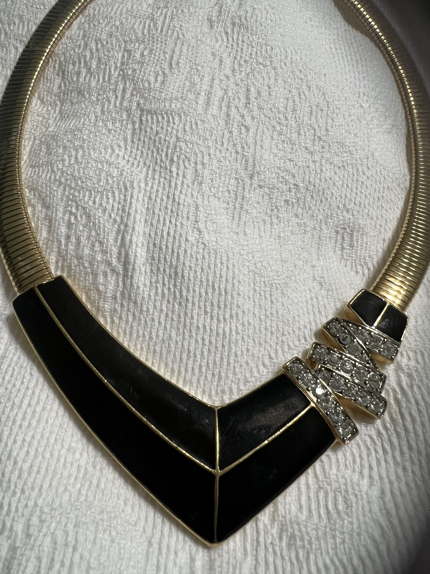 Vintage Crown  Trifari Black Enamel Gold Metal Necklace