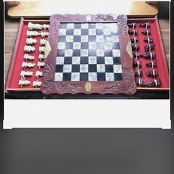 Vintage Eight Fairies Chess Set With Asian Carved Soapstone Pieces With Carved Wood Board.