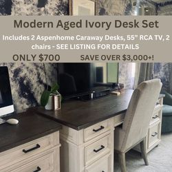 Modern Aged Ivory Desk Set- Includes: 2 desks, 55” TV, 2 chairs