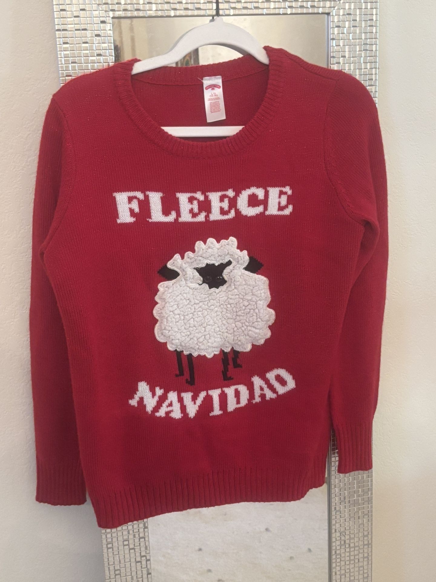 L Holiday Time Red Sparkly Fleece Navidad Sweater