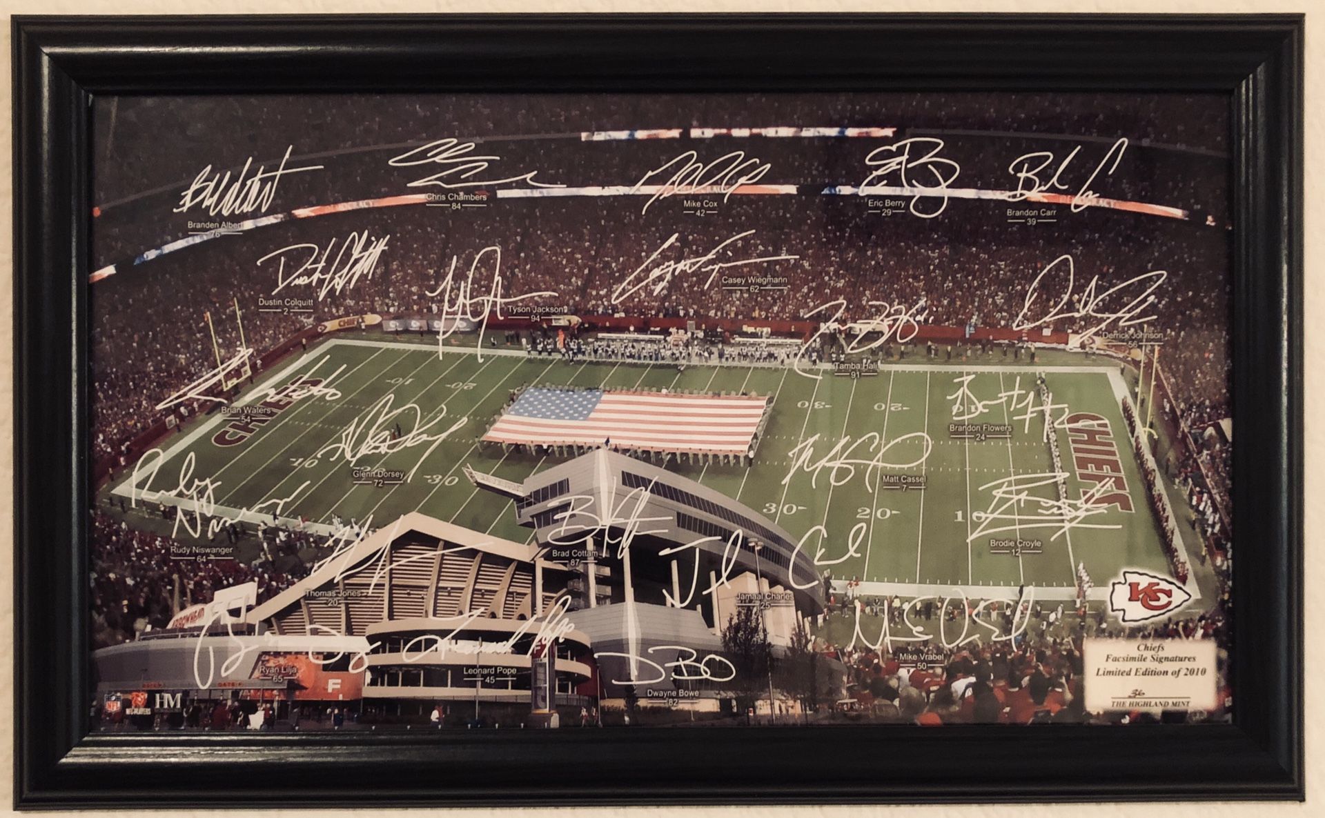 2010 KC Kansas City Chiefs NFL Football Highland Mint Framed 19.5” x 12” Photo Individually Numbered 0036/2010 Arrowhead Stadium Facsimile Signatures