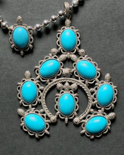 Necklace - Vintage Large Chunky Faux Turquoise  & Shiny Silver-Tone Necklace With Box - Substantial Statement Piece  - Coastal Beach Blue Sea Turtle