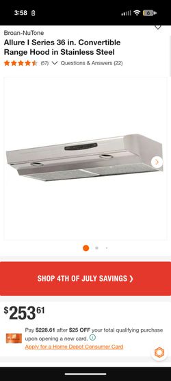 Broan Allure Range Hood 36 in stove vent Stainless Steel ventilation