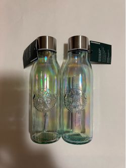 STARBUCKS RECYCLED 2019 IRIDESCENT GLASS WATER BOTTLE. NOT USED. $28.00 EACH.