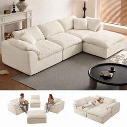 Boneless Modular Sectional Cloud Couch, Compressed Sofa in a Box with Deep Seat & Oversized Chaise, L-Shaped Chenille Sofa for Living Room(White)