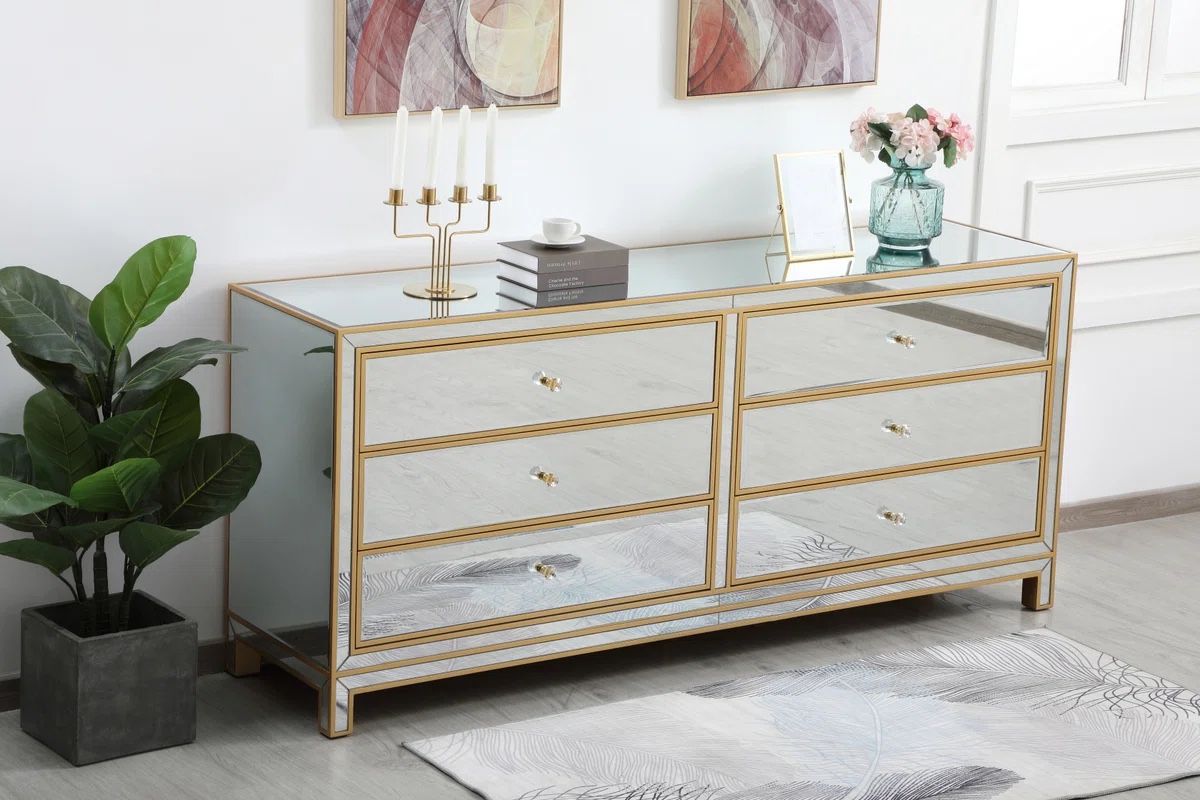 ELEGANT FURNITURE & LIGHTING - REFLEXION 72 IN. MIRRORED SIX DRAWER CHEST IN GOLD