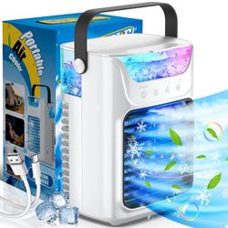 Portable Air Conditioners, 3 Wind Speeds & 7 LED Lights Evaporative Personal Air Cooler, 4 in 1 Portable AC with 650 mL Large Water Tank, Mini Air Con