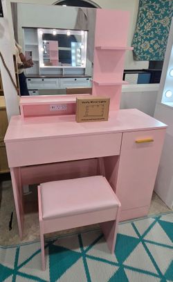 New Pink Vanity Desk w/ LED Mirror, Charging Station & Stool