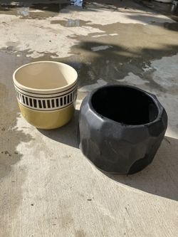 Two Ceramic Pots/ Planters; Black And Yellow
