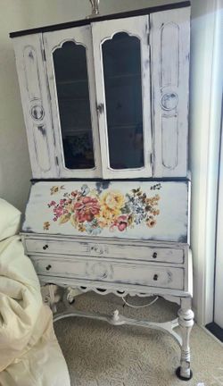 Antique Secretary Desk with Detachable Hutch 1920 White Floral Distressed