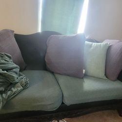 Ornate Shades of Brown Loveseat and Couch with Seafoam Green Slipcovers