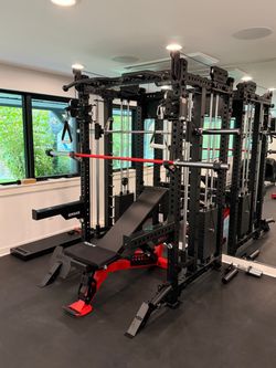 Home Gym Package: 1 All in one Smith Machine Functional Trainer, 1 Adjustable Bench, 1 260lb Bumper Plate Set, 1 Barbell, 2 Collars. FREE DELIVERY 🚚