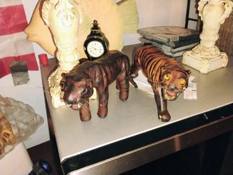 2 Tigers Made Of Wood About 7 In L+ 5 In H