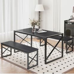 VECELO 55" Kitchen Table Set for 4-6, Wood Dining Room Dinette 2 Benches with Metal Frame for Dinner Breakfast Nook and Small Space, Black