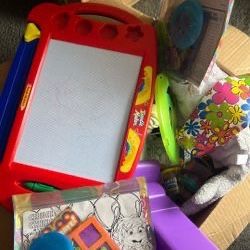 Box Of Mix New And Used Toys, Books, Games,match Cards , Small Toys. All For $10