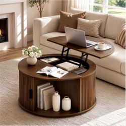 Round Wood Coffee Table with Lift Top Storage