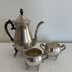 Vintage Leonard Silver Plate Coffee Tea Set 3pc Ornate Footed Creamer Sugar