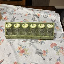  Vintage spice jars with metal rack