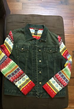 Blue jean jacket with multi color sleeves