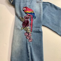 INC Tropical Parrot Bird & Floral Embroidered Blue Jeans - 16