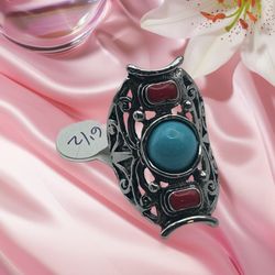 Vintage Hollowed Style Plated Alloy Silver, Blue & Red Resin Color Ring