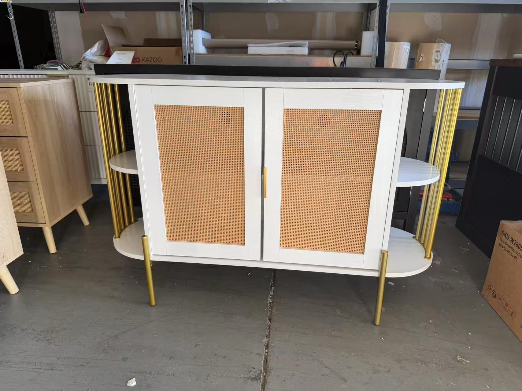 New Cabinet Rattan Sideboard Storage Buffet Solid Wood Console Cabinet with Metal Legs and Frame