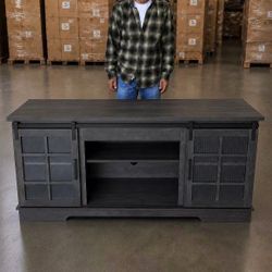 New In Box Heavy Duty TV Television Living Room Entertainment Stand Adjustable Shelf With Sliding Barn Door 