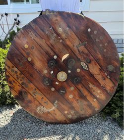 Unique 40" Round Wood Tabletop With Treasures Old Coins Keys 65 lbs