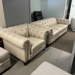 Chesterfield Tufted Leather Couch and Chair Set