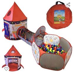 Rocket Themed Tent, Tunnel, And ball Pit with Basketball hoop 