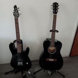 Two Guitars Electric And A Fender Guitar, Two Stands And Fender Box