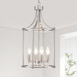 Brushed Nickel Chandeliers for Dining Room,4 Light Hanging Lantern Pendant Light Fixture Metal Farmhouse Geometric Chandelier Cage Pendant for Kitchen